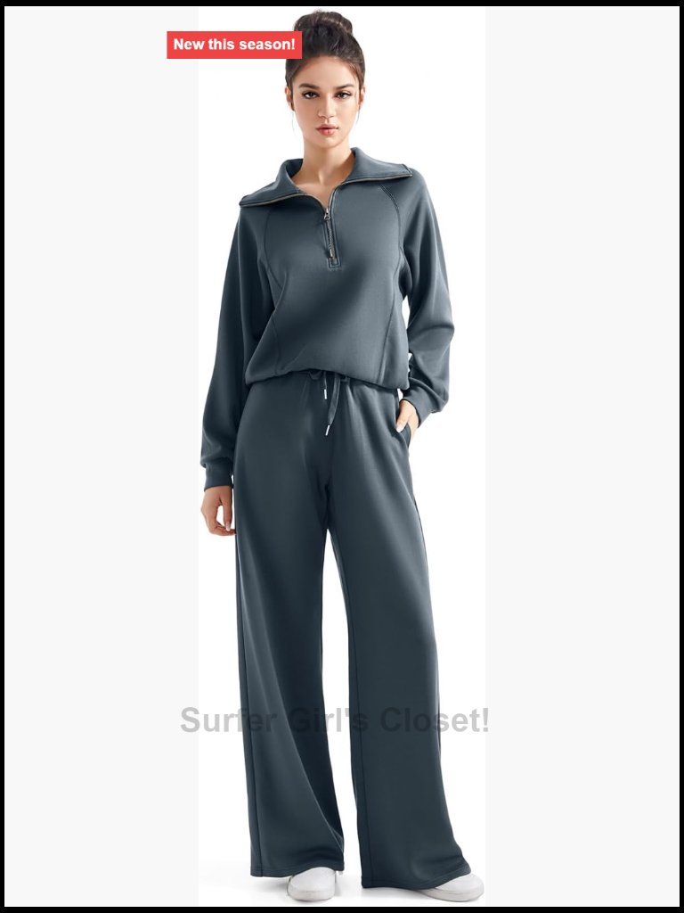 Matching Lounge Set With Wide Leg Sweatpants And Half Zip Sweatshirt